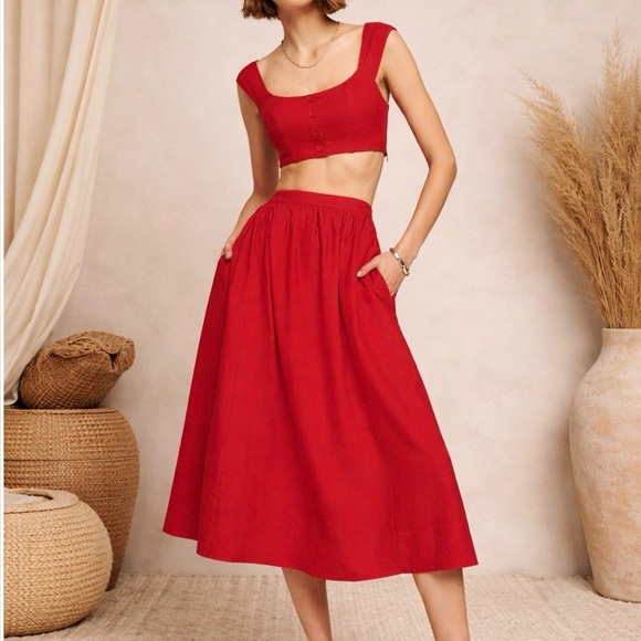 Reformation Teya Red Linen Two Piece Set Crop Top & Midi Skirt